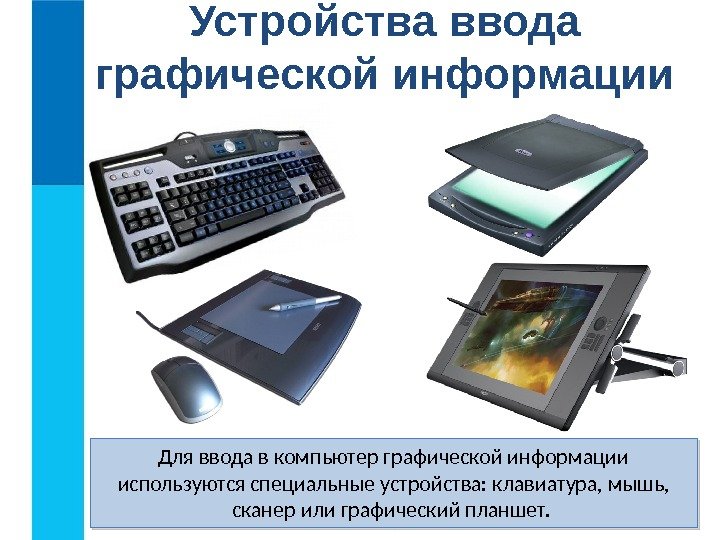Устройства ввода графической информации Для ввода в компьютер графической информации используются специальные устройства: клавиатура,