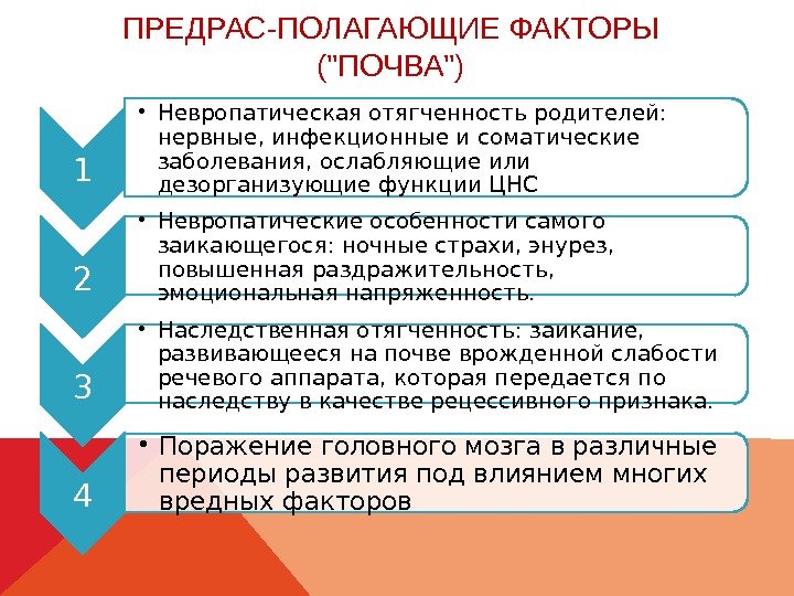 ПРЕДРАС-ПОЛАГАЮЩИЕ ФАКТОРЫ (ПОЧВА) 1 • Невропатическая отягченность родителей:  нервные, инфекционные и соматические заболевания,