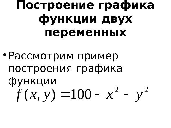   Построение графика функции двух переменных • Рассмотрим пример построения графика функции 22