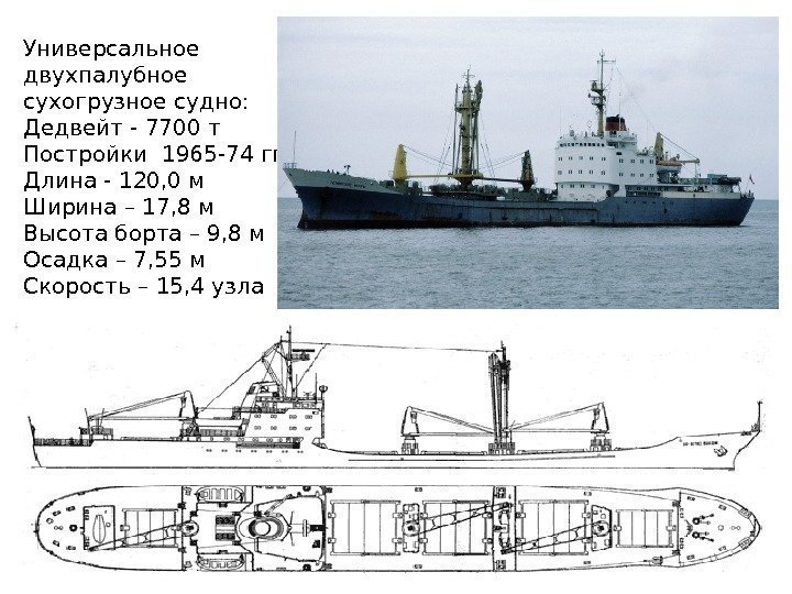 Универсальное двухпалубное сухогрузное судно: Дедвейт - 7700 т  Постройки 1965 -74 гг. Длина
