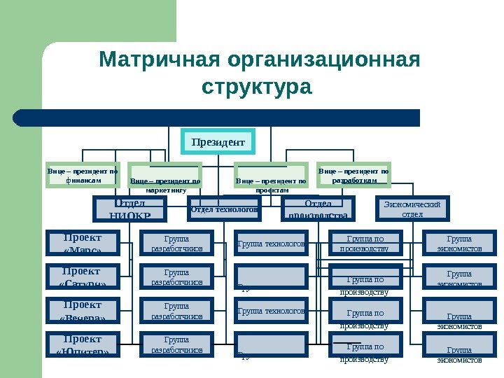 Матричная организационная структура  Президент Вице – президент по  финансам Вице – президент