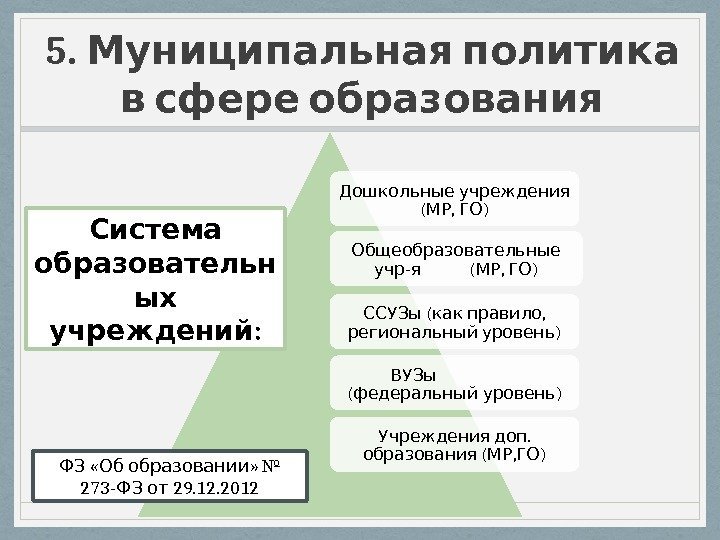 5. Муниципальная политика в сфере образования Дошкольные учреждения ( ,  ) МР ГО