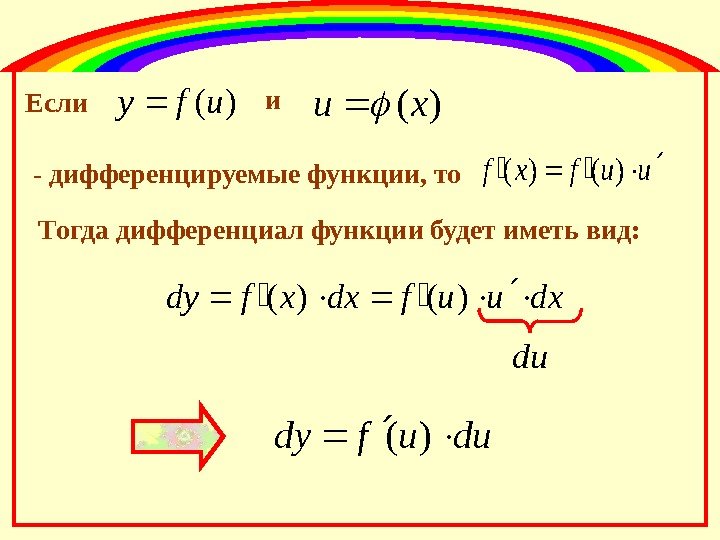 Если)(ufy и)(xu - дифференцируемые функции, то uufxf)()( Тогда дифференциал функции будет иметь вид: dxuufdxxfdy)()(