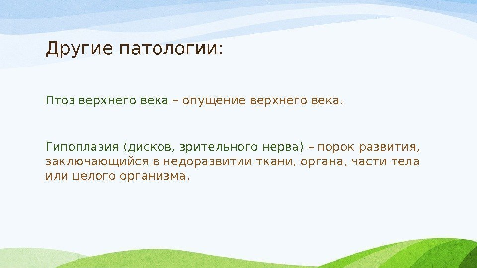 Другие патологии: Птоз верхнего века – опущение верхнего века. Гипоплазия (дисков, зрительного нерва) –