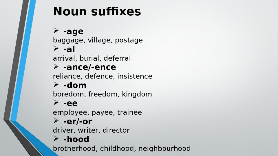 Noun suffixes -age baggage, village, postage -al arrival, burial, deferral -ance/-ence reliance, defence, insistence