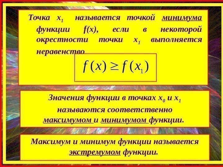 Точка х 1 называется точкой минимума  функции f(x ),  если в некоторой