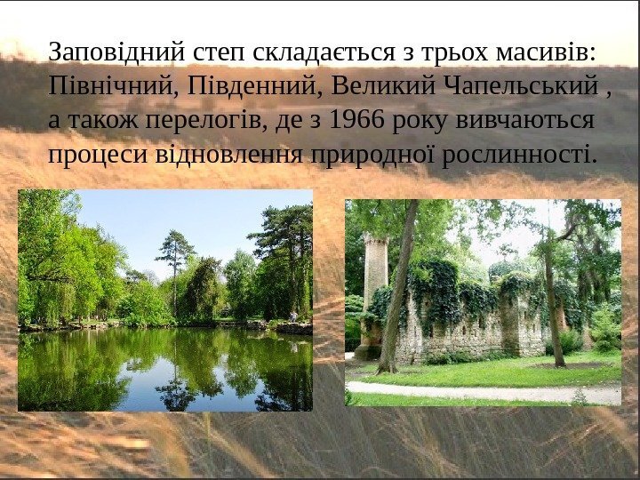 Заповідний степ складається з трьох масивів:  Північний, Південний, Великий Чапельський ,  а