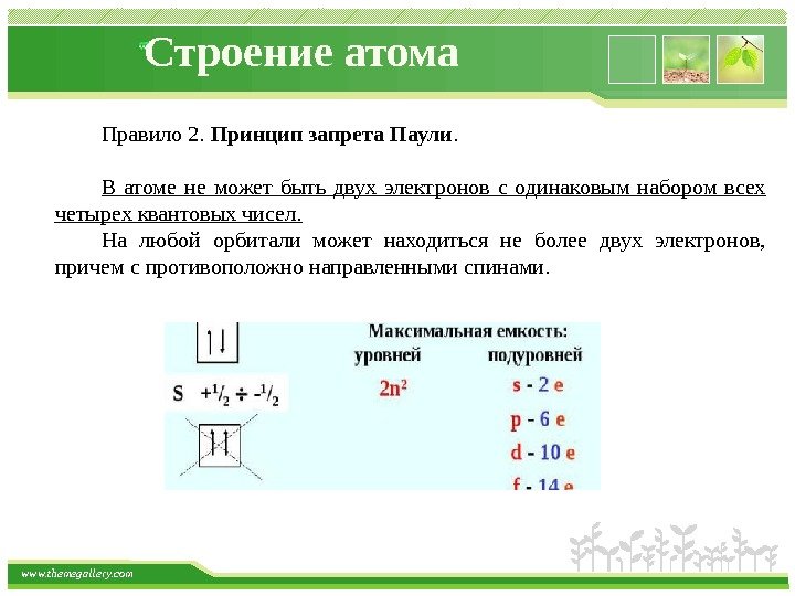 www. themegallery. com Строение атома Правило 2.  Принцип запрета Паули.  В атоме