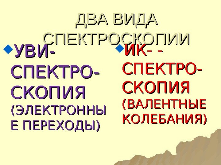 ДВА ВИДА СПЕКТРОСКОПИИ УВИ- СПЕКТРО- СКОПИЯ (ЭЛЕКТРОННЫ Е ПЕРЕХОДЫ) ИК- - СПЕКТРО- СКОПИЯ (ВАЛЕНТНЫЕ