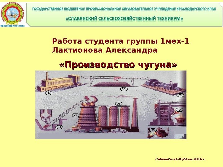  «Производство чугуна»  Работа студента группы 1 мех-1 Лактионова Александра Славянск-на-Кубани. 2016 г.