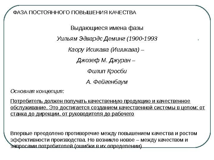 ФАЗА ПОСТОЯННОГО ПОВЫШЕНИЯ КАЧЕСТВА Выдающиеся имена фазы Уильям Эдвардс Деминг (1900 -1993 Каору Исикава