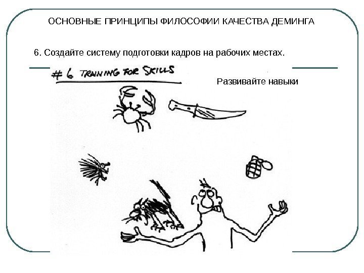 ОСНОВНЫЕ ПРИНЦИПЫ ФИЛОСОФИИ КАЧЕСТВА ДЕМИНГА 6. Создайте систему подготовки кадров на рабочих местах. Развивайте