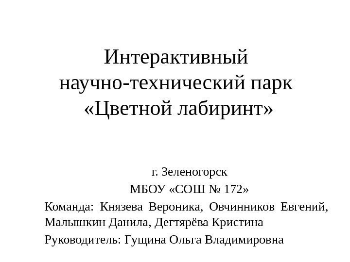 Интерактивный научно-технический парк  «Цветной лабиринт» г. Зеленогорск МБОУ «СОШ № 172» Команда: 