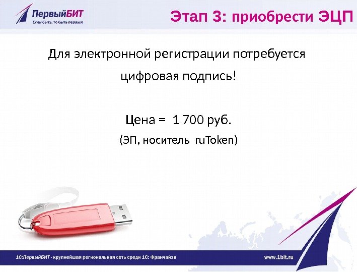 Этап 3:  приобрести ЭЦП Для электронной регистрации потребуется цифровая подпись! Цена = 1