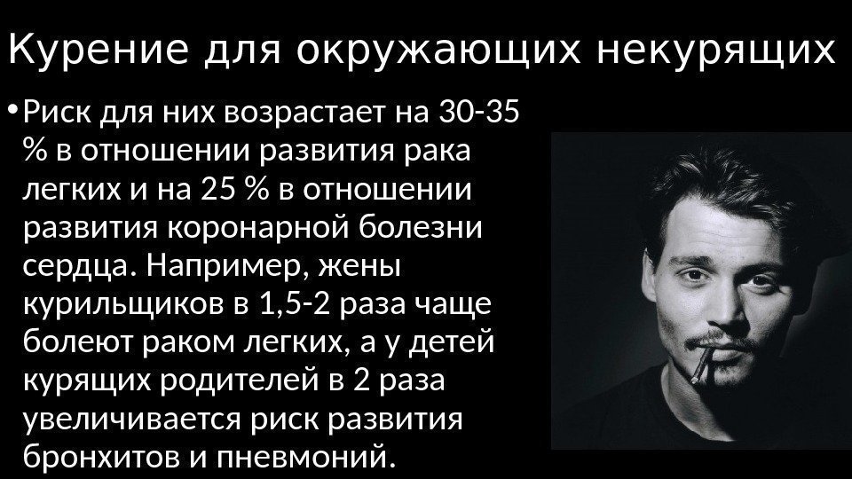 Курение для окружающих некурящих • Риск для них возрастает на 30 -35  в