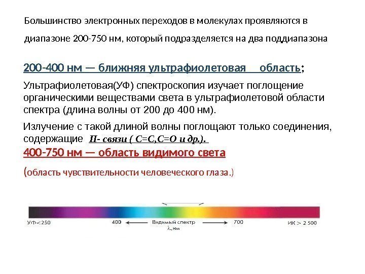 Большинство электронных переходов в молекулах проявляются в диапазоне 200 -750 нм, который подразделяется на