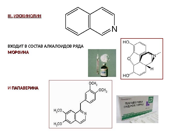 III.  ИЗОХИНОЛИН  ВХОДИТ В СОСТАВ АЛКАЛОИДОВ РЯДА  МОРФИНА  И ПАПАВЕРИНА