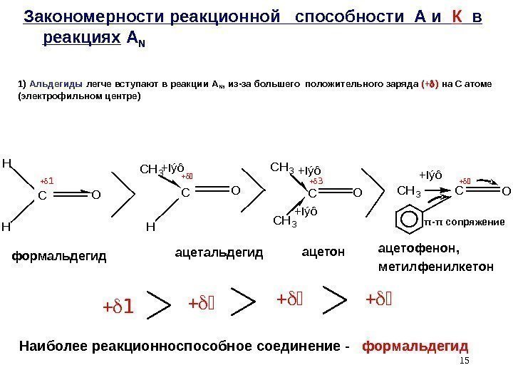 151) Альдегиды  легче вступают в реакции A N , из-за большего положительного заряда