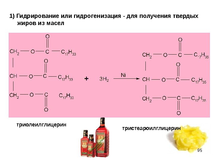 951) Гидрирование или гидрогенизация - для получения твердых жиров из масел триолеилглицерин тристеароилглицерин 