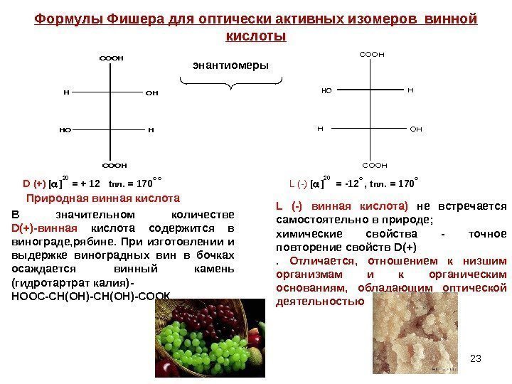 Формулы Фишера для оптически активных изомеров винной кислоты 23 COOH HOH COOH OHH HOH