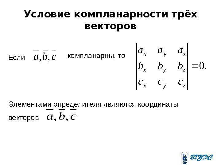 Условие компланарности трёх векторов cba , , . 0 zyx zyx ccc bbb aaa