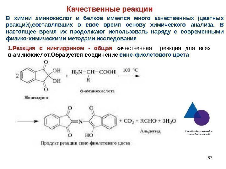 87 Качественные реакции В химии аминокислот и белков имеется много качественных (цветных реакций), составлявших