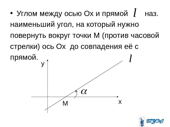  • Углом между осью Ох и прямой  наз.  наименьший угол, на