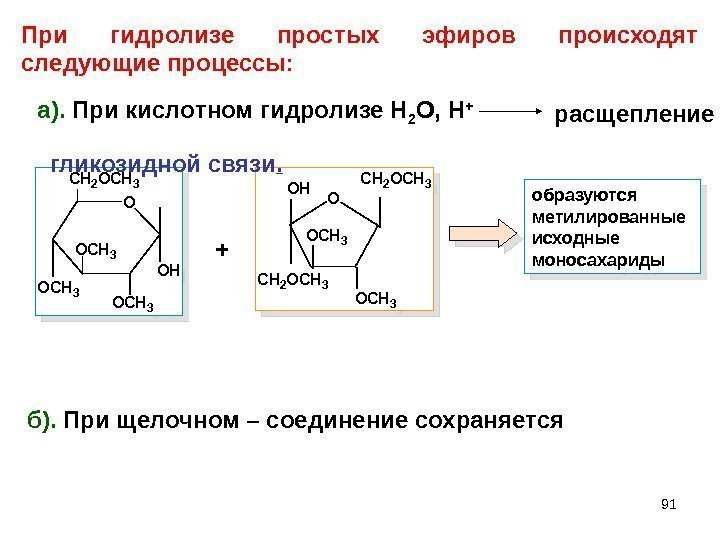 91 образуются метилированные исходные моносахариды б).  При щелочном – соединение сохраняется. При гидролизе