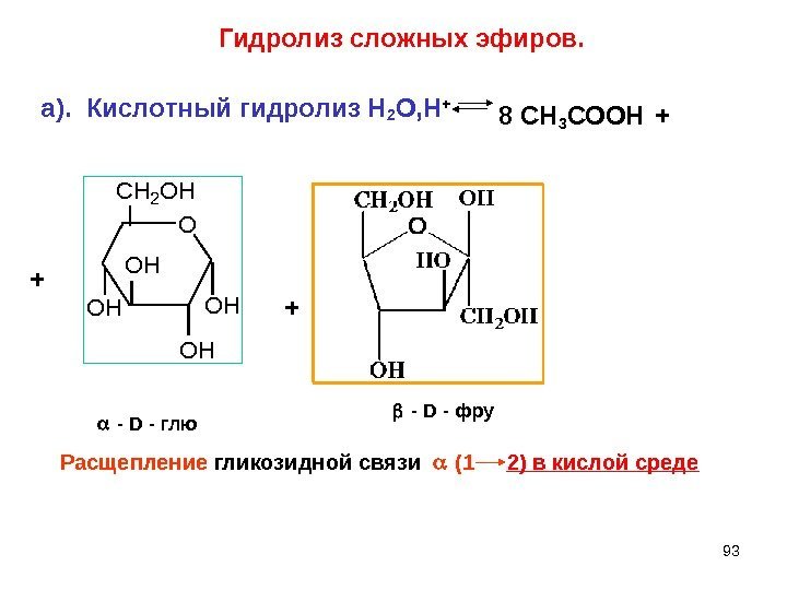 93 Гидролиз сложных эфиров. а).  Кислотный гидролиз Н 2 О, Н + 8