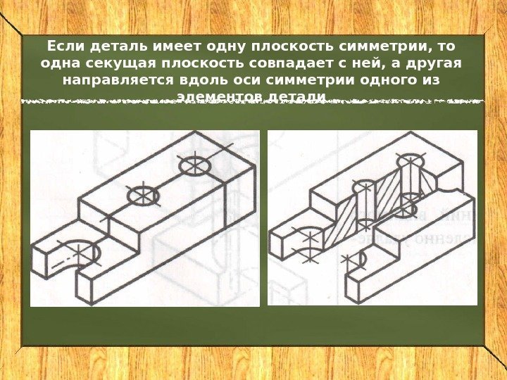 Если деталь имеет одну плоскость симметрии, то одна секущая плоскость совпадает с ней, а