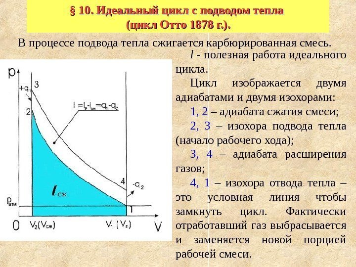   § 10. Идеальный цикл с подводом тепла (цикл Отто 1878 г. ).