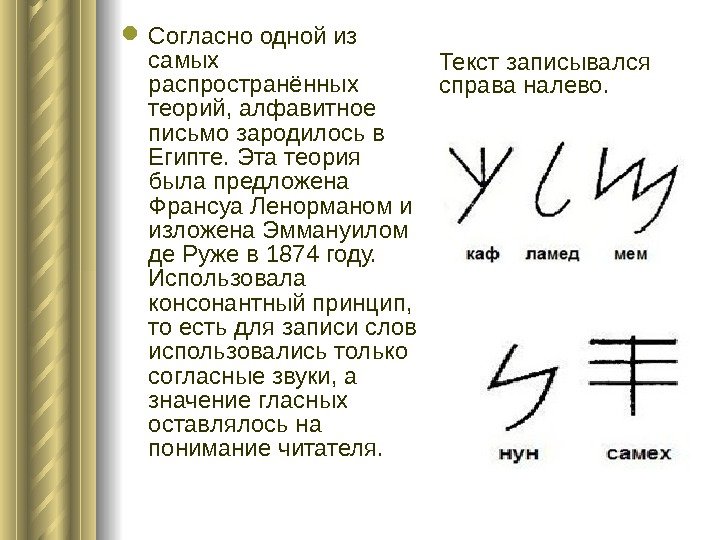  Согласно одной из самых распространённых теорий, алфавитное письмо зародилось в Египте. Эта теория