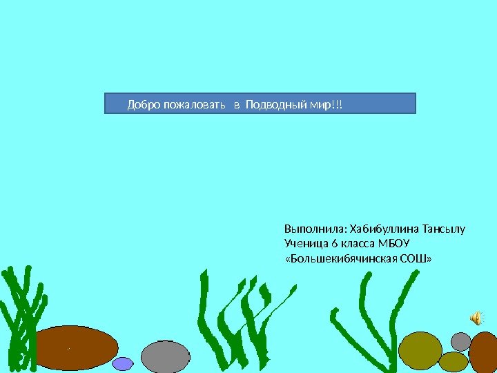   Добро пожаловать  в Подводный мир!!! Выполнила: Хабибуллина Тансылу Ученица 6 класса