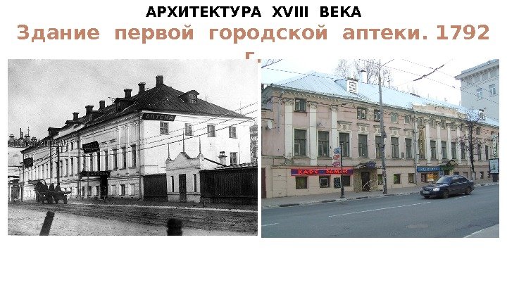 АРХИТЕКТУРА  XVIII  ВЕКА Здание первой городской аптеки. 1792 г. 