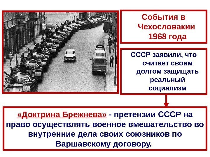  «Доктрина Брежнева»  - претензии СССР на право осуществлять военное вмешательство во внутренние