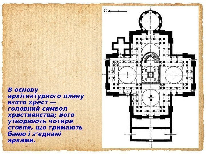 В основу архітектурного плану взято хрест — головний символ християнства; його утворюють чотири стовпи,