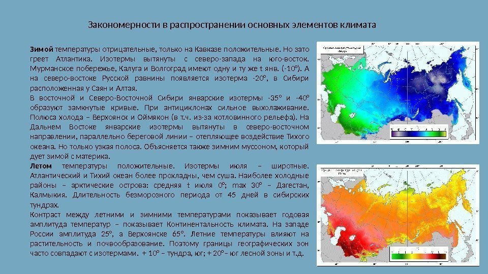 Закономерности в распространении основных элементов климата Зимой температуры отрицательные, только на Кавказе положительные. Но