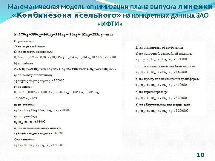 Математическая модель оптимизации плана выпуска линейки  «Комбинезона ясельного»  на конкретных данных ЗАО