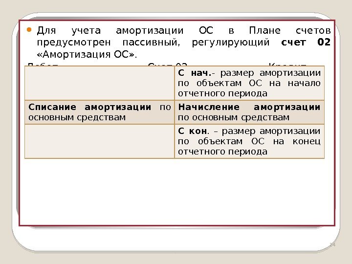  Для учета амортизации ОС в Плане счетов предусмотрен пассивный,  регулирующий счет 02