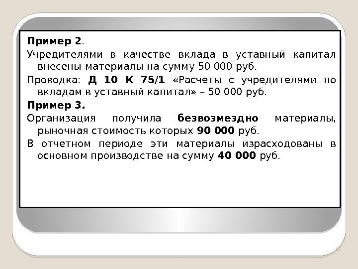 Пример 2. Учредителями в качестве вклада в уставный капитал внесены материалы на сумму 50