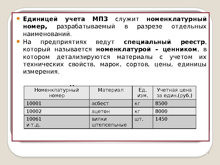  Единицей учета МПЗ служит номенклатурный номер,  разрабатываемый в разрезе отдельных наименований. 