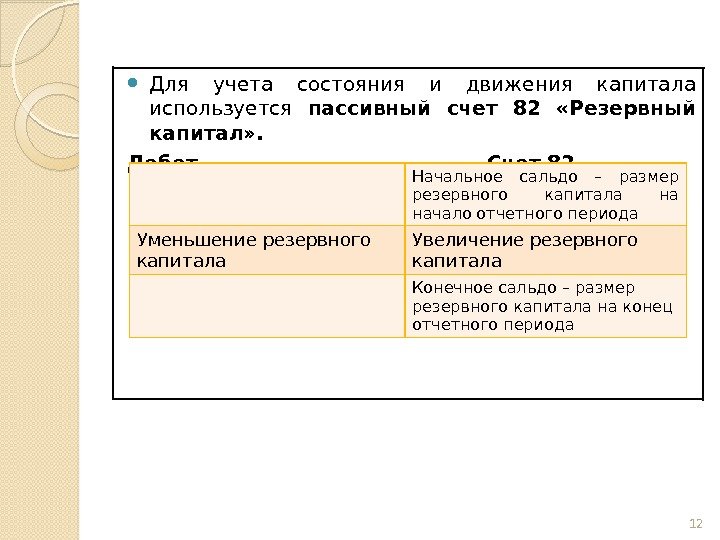  Для учета состояния и движения капитала используется пассивный счет 82  «Резервный капитал»