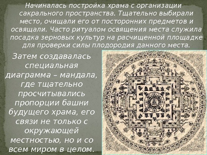 Начиналась постройка храма с организации сакрального пространства. Тщательно выбирали место, очищали его от посторонних