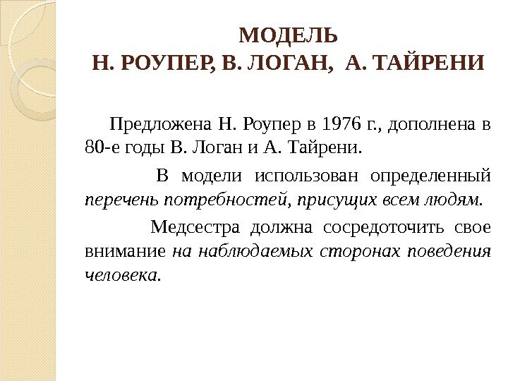 МОДЕЛЬ Н. РОУПЕР, В. ЛОГАН,  А. ТАЙРЕНИ   Предложена Н. Роупер в