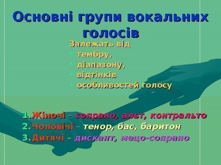   Основні групи вокальних голосів 1. 1. Жіночі ––  сопрано, альт, контральто