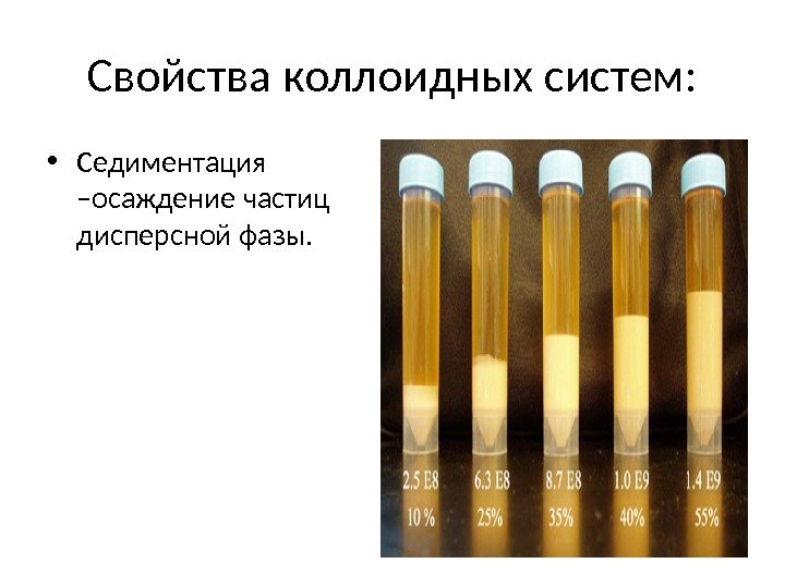 Свойства коллоидных систем:  • Седиментация –осаждение частиц дисперсной фазы. 