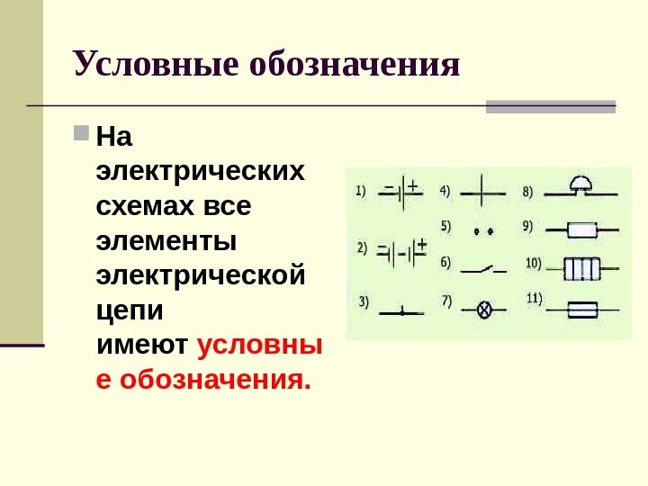 Условные обозначения На электрических схемах все элементы электрической цепи имеют условны е обозначения. 