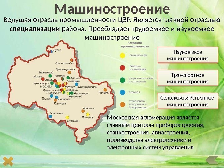 Машиностроение Ведущая отрасль промышленности ЦЭР. Является главной отраслью специализации района. Преобладает трудоемкое и наукоемкое