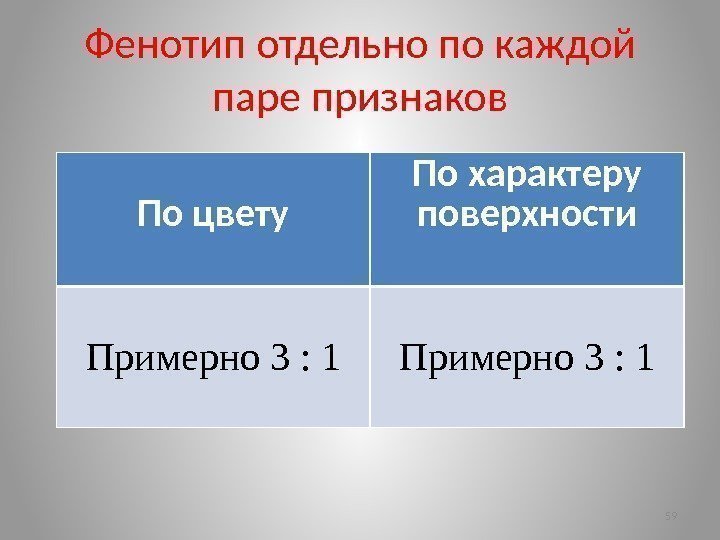 Фенотип отдельно по каждой паре признаков По цвету По характеру поверхности  Примерно 3