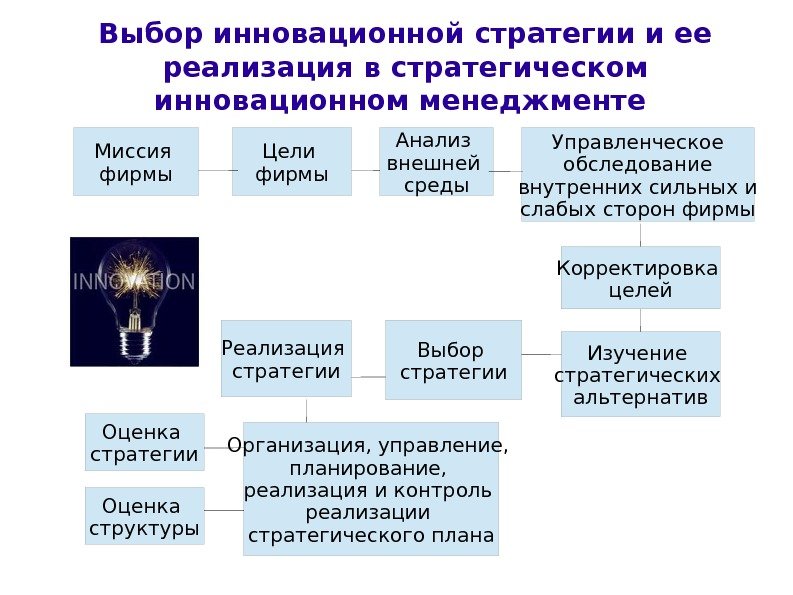 Выбор инновационной стратегии и ее реализация в стратегическом инновационном менеджменте Миссия фирмы Цели фирмы